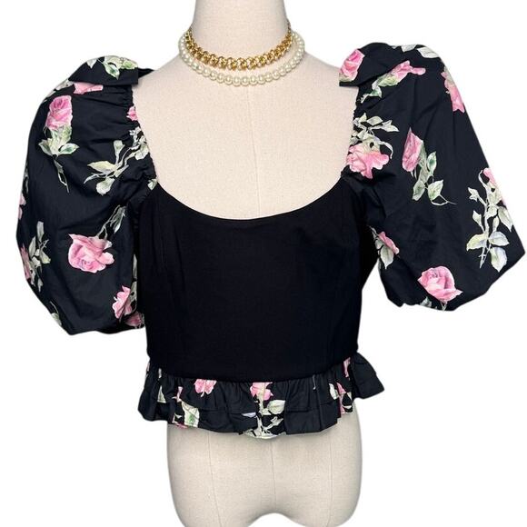 LoveShackFancy Spirit cropped floral puff sleeve stretch-jersey top size XL - Picture 3 of 8